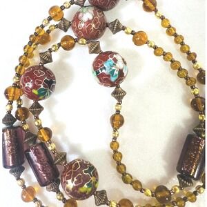 Vintage Necklace Cloisonné Round‎ & Tube Beads Glass Cognac Violet Toggle Clasp